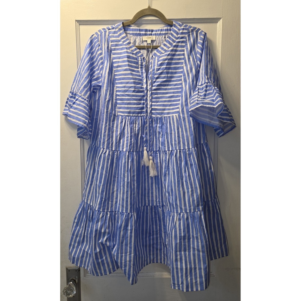 Oddi Blue White Striped Babydoll Ruffled Mini Dress. L